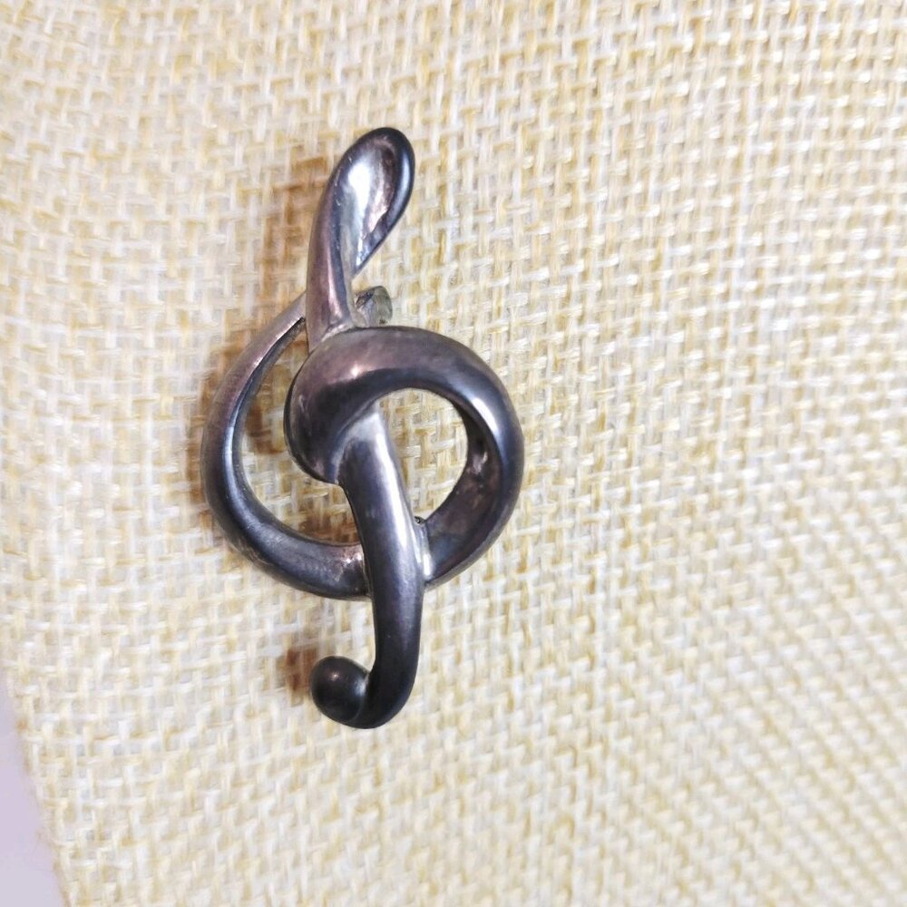 Vtg 925 Sterling Silver Treble Clef Music Oxidized Pin Brooch